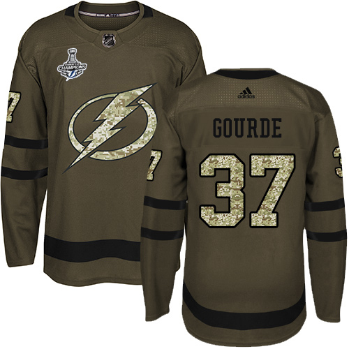 Men Adidas Tampa Bay Lightning #37 Yanni Gourde Green Salute to Service 2020 Stanley Cup Champions Stitched NHL Jersey->tampa bay lightning->NHL Jersey